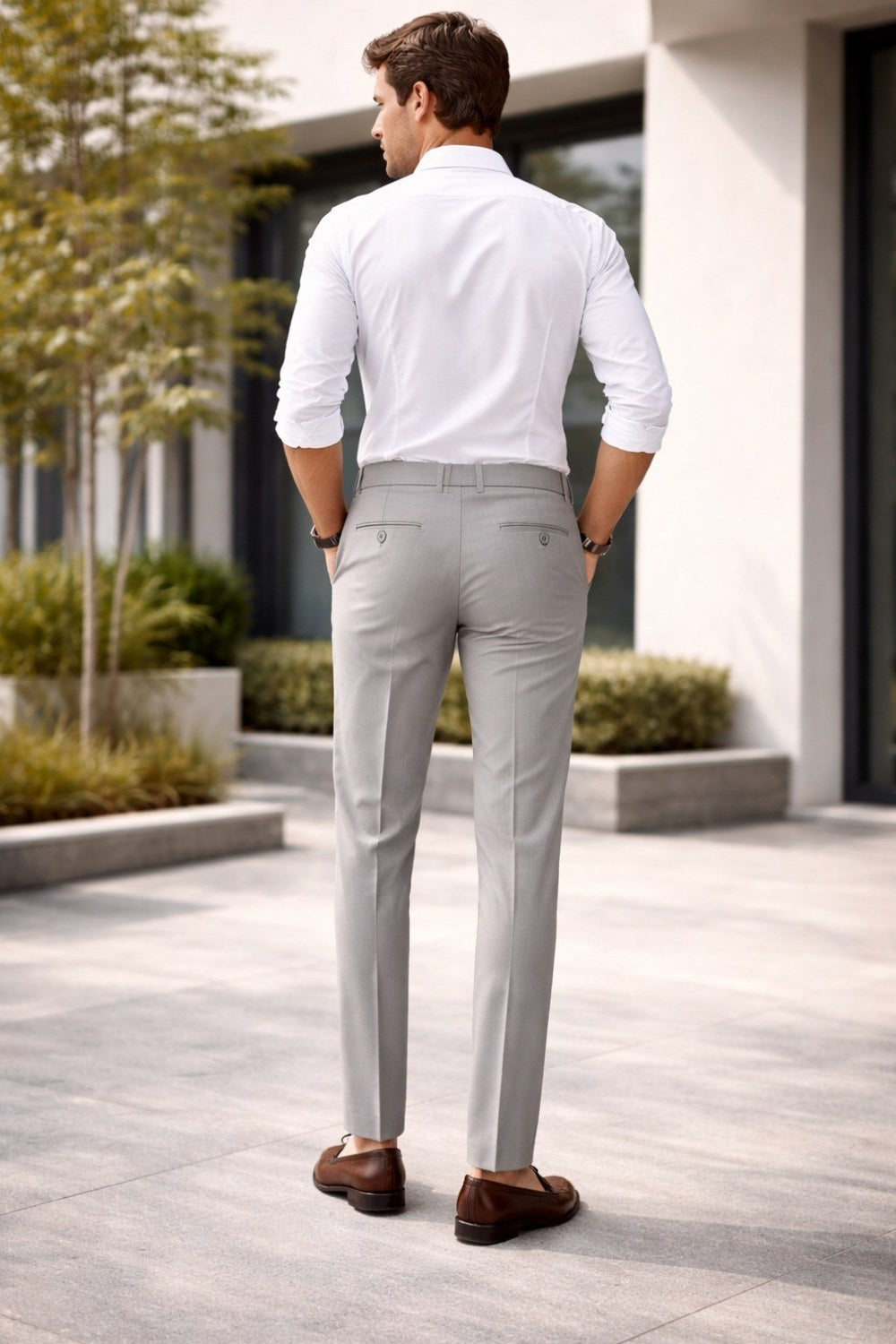 ENHANCE Men’s Cotton Stretch Formal Trousers – Regular Fit Office Wear Pants with Contrast Waistband & Coin Pocket | Classic Business Formal Pants for Men - Light Grey - TM04