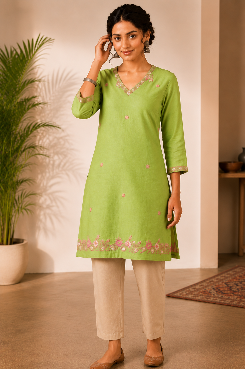 Women's Cotton Flax Embroidered Top | V-Neck 3/4 Sleeve Casual Top for Women | Regular Fit Everyday Office Wear Cotton Top - EX13