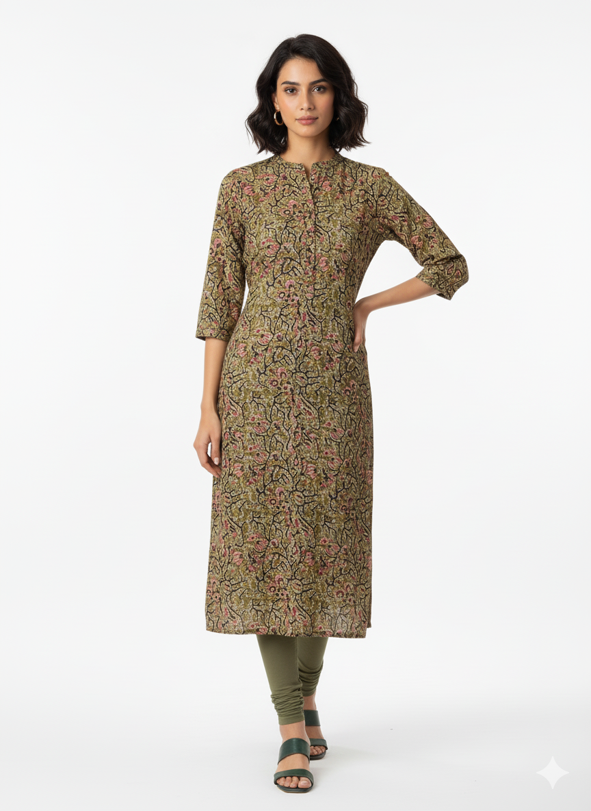 Women’s Cotton Blend Printed Kurthi | Regular Fit Ethnic Wear with 3/4 Sleeves & Mandarin Collar - Mehandi - F125