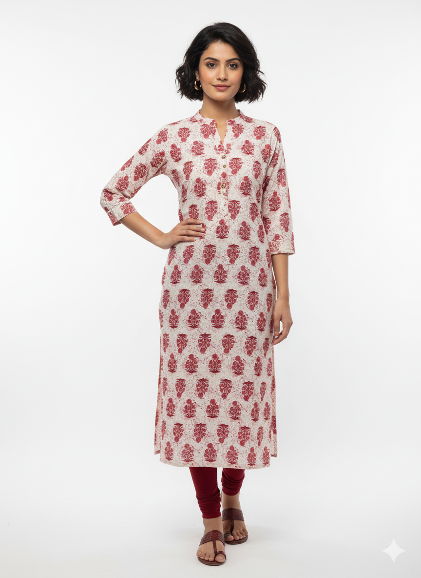 Women’s Cotton Blend Printed Kurthi | Regular Fit Ethnic Wear with 3/4 Sleeves & Mandarin Collar - Maroon - F126