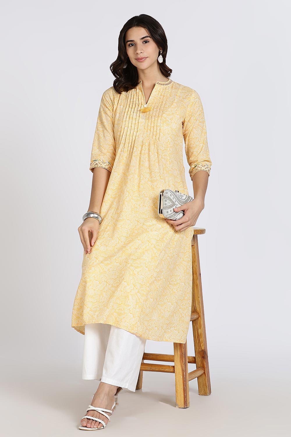 Mythri Women’s Cotton Cambric Kurthi | Flared Ethnic Wear with Pintucks, V-Slit Neck & Tassel Detail - Yellow - K806