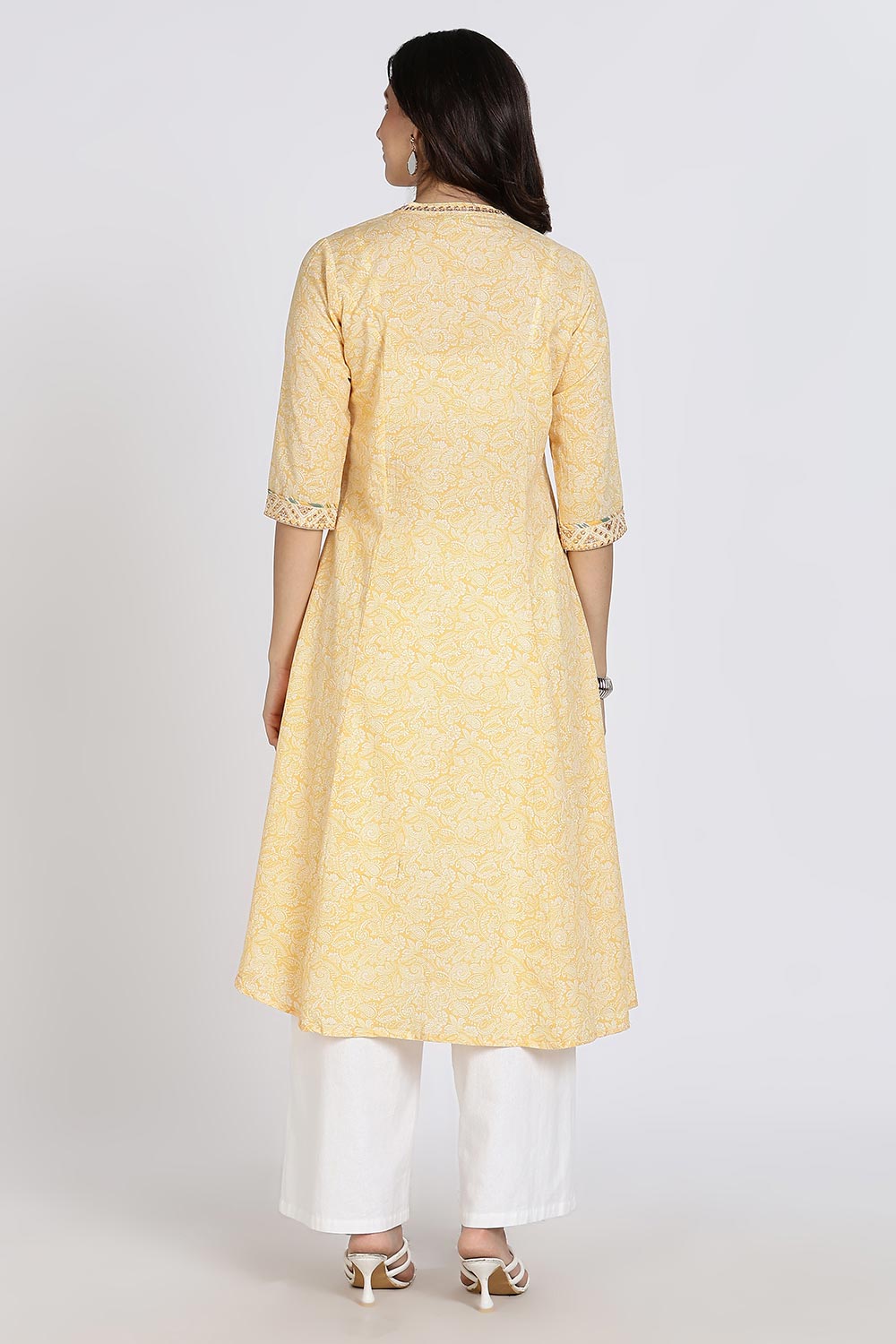 Mythri Women’s Cotton Cambric Kurthi | Flared Ethnic Wear with Pintucks, V-Slit Neck & Tassel Detail - Yellow - K806
