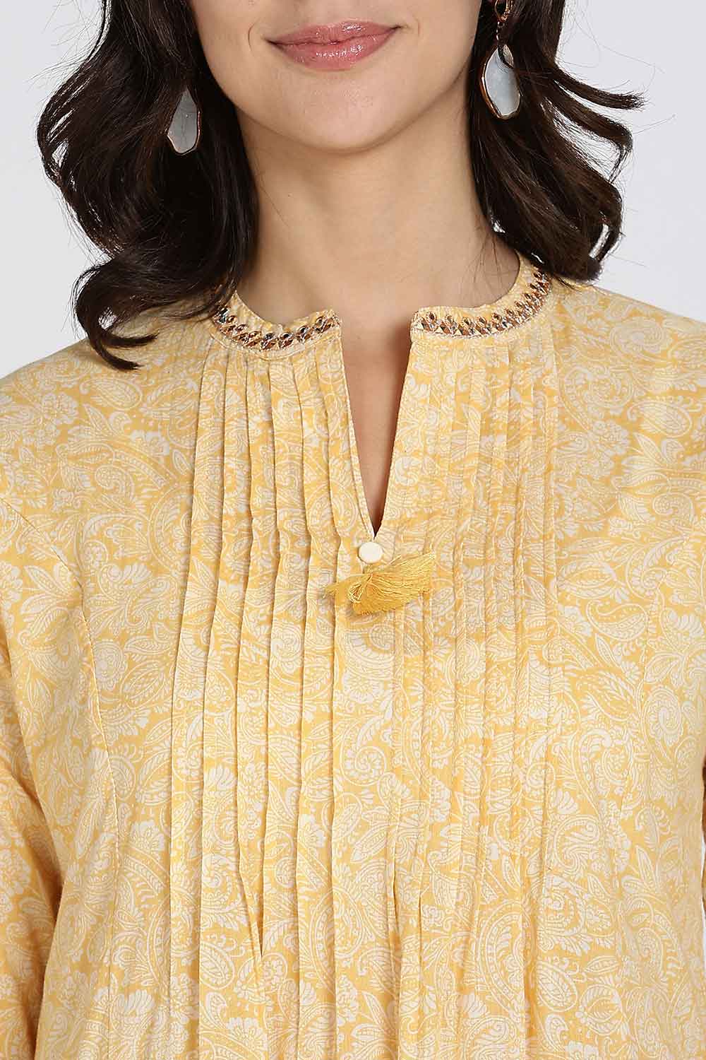 Mythri Women’s Cotton Cambric Kurthi | Flared Ethnic Wear with Pintucks, V-Slit Neck & Tassel Detail - Yellow - K806