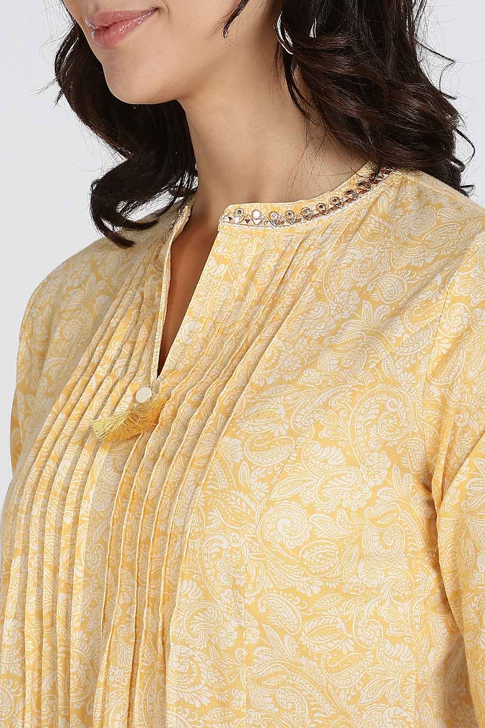 Mythri Women’s Cotton Cambric Kurthi | Flared Ethnic Wear with Pintucks, V-Slit Neck & Tassel Detail - Yellow - K806