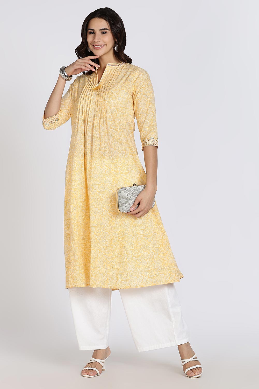Mythri Women’s Cotton Cambric Kurthi | Flared Ethnic Wear with Pintucks, V-Slit Neck & Tassel Detail - Yellow - K806