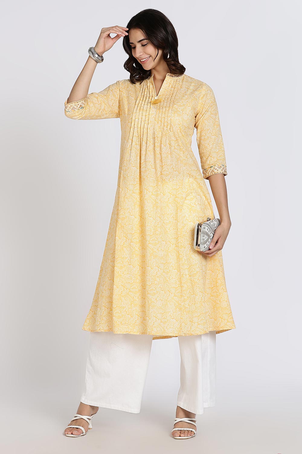 Mythri Women’s Cotton Cambric Kurthi | Flared Ethnic Wear with Pintucks, V-Slit Neck & Tassel Detail - Yellow - K806