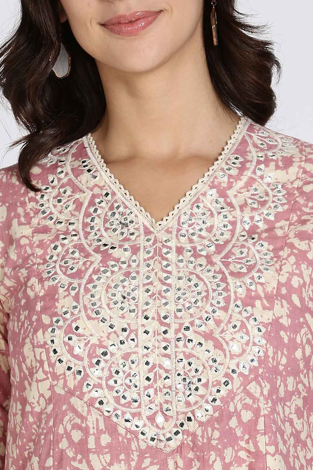 Mythri Women’s Cotton Cambric Kurthi | Flared Ethnic Wear with Embroidery, Mirror Work & Lace Detailing - Purple - K809