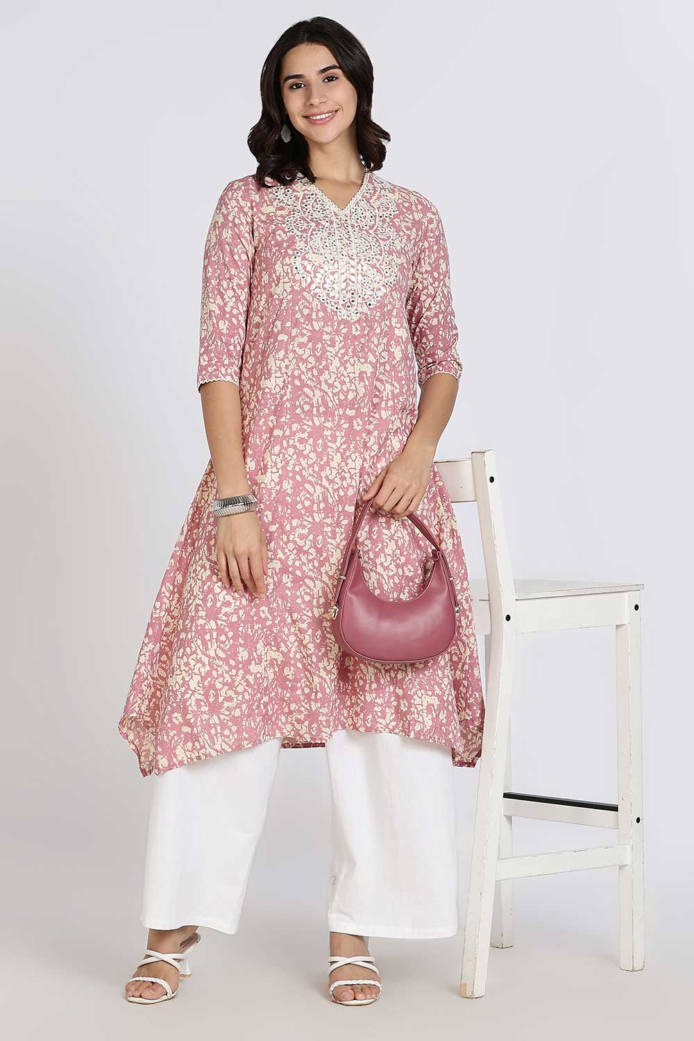 Mythri Women’s Cotton Cambric Kurthi | Flared Ethnic Wear with Embroidery, Mirror Work & Lace Detailing - Purple - K809