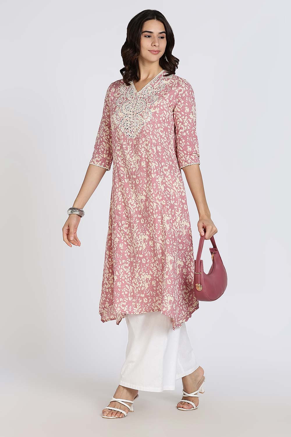 Mythri Women’s Cotton Cambric Kurthi | Flared Ethnic Wear with Embroidery, Mirror Work & Lace Detailing - Purple - K809
