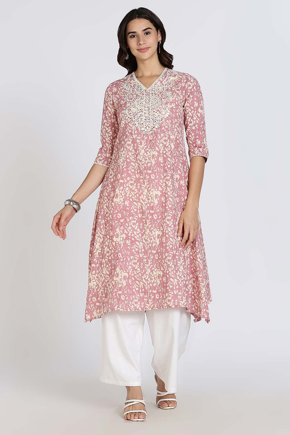 Mythri Women’s Cotton Cambric Kurthi | Flared Ethnic Wear with Embroidery, Mirror Work & Lace Detailing - Purple - K809