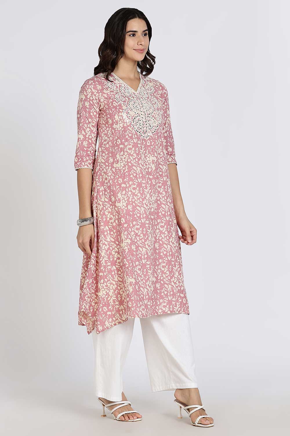 Mythri Women’s Cotton Cambric Kurthi | Flared Ethnic Wear with Embroidery, Mirror Work & Lace Detailing - Purple - K809