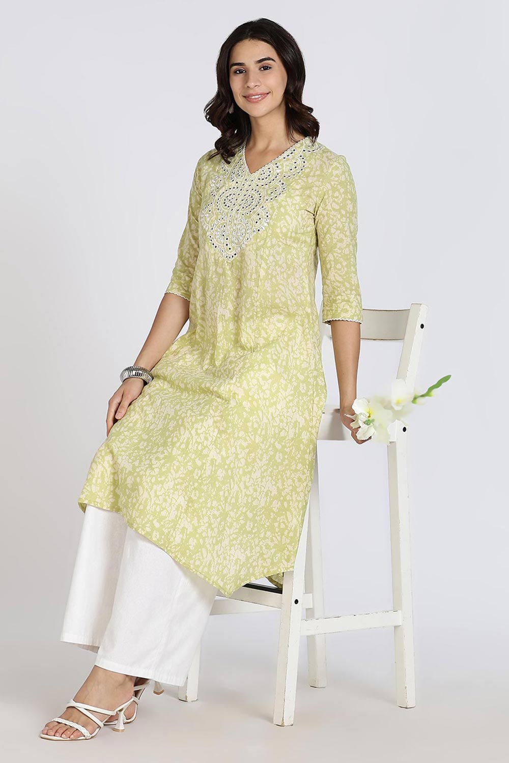 Mythri Women’s Cotton Cambric Kurthi | Flared Ethnic Wear with Embroidery, Mirror Work & Lace Detailing - Sage Green - K809