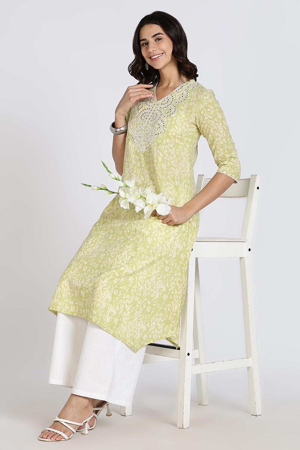 Mythri Women’s Cotton Cambric Kurthi | Flared Ethnic Wear with Embroidery, Mirror Work & Lace Detailing - Sage Green - K809