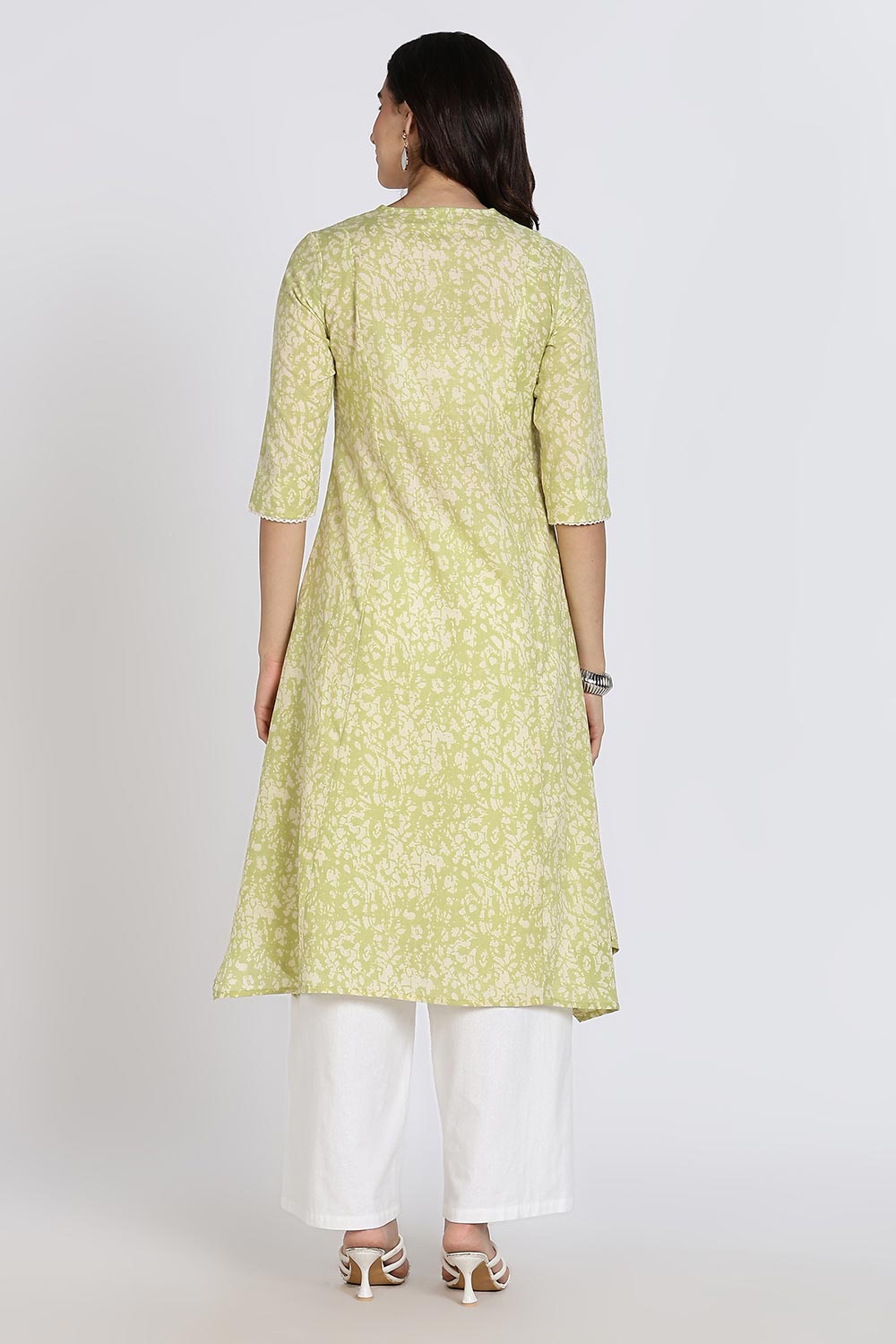 Mythri Women’s Cotton Cambric Kurthi | Flared Ethnic Wear with Embroidery, Mirror Work & Lace Detailing - Sage Green - K809