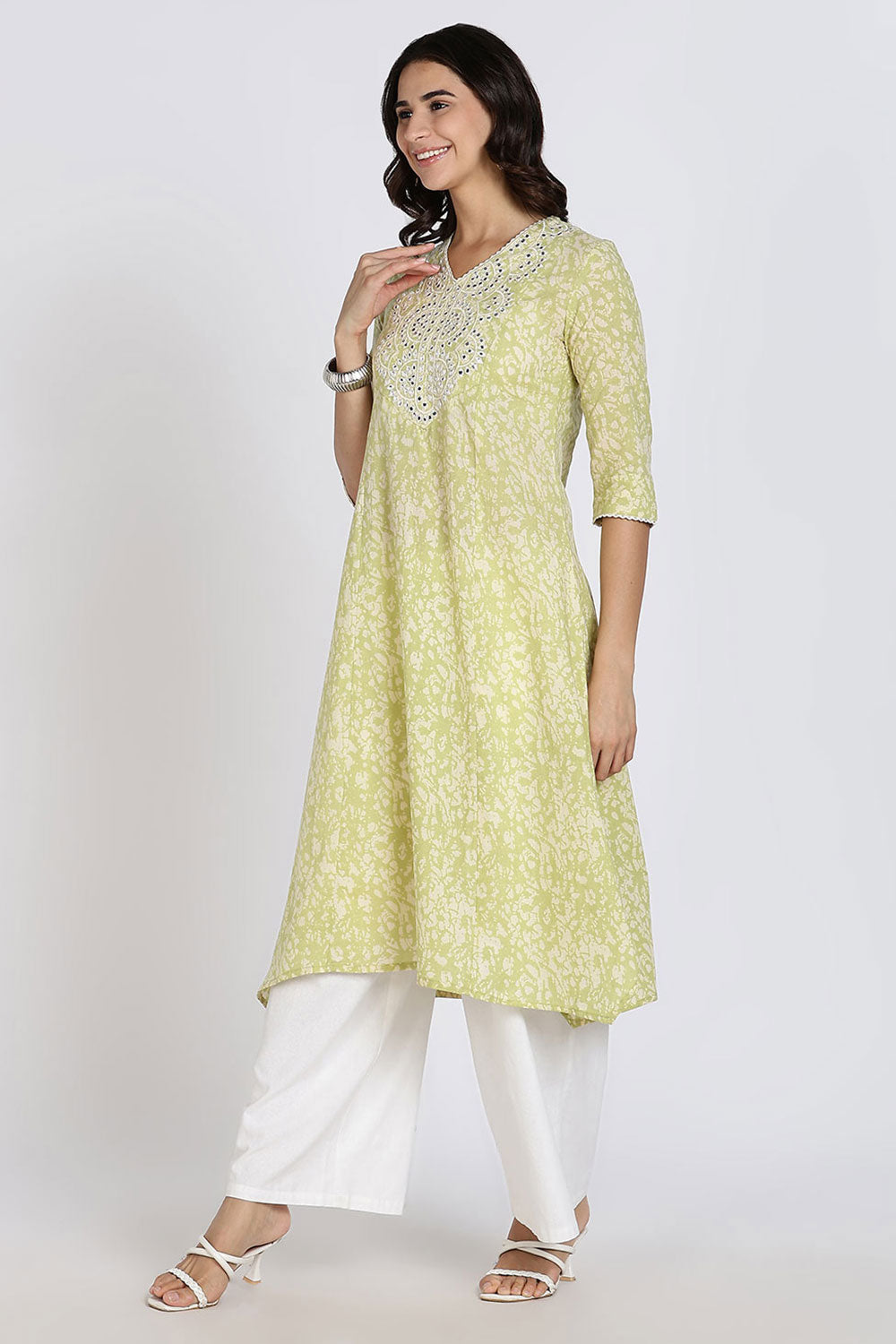 Mythri Women’s Cotton Cambric Kurthi | Flared Ethnic Wear with Embroidery, Mirror Work & Lace Detailing - Sage Green - K809