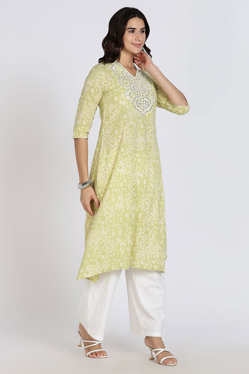 Mythri Women’s Cotton Cambric Kurthi | Flared Ethnic Wear with Embroidery, Mirror Work & Lace Detailing - Sage Green - K809