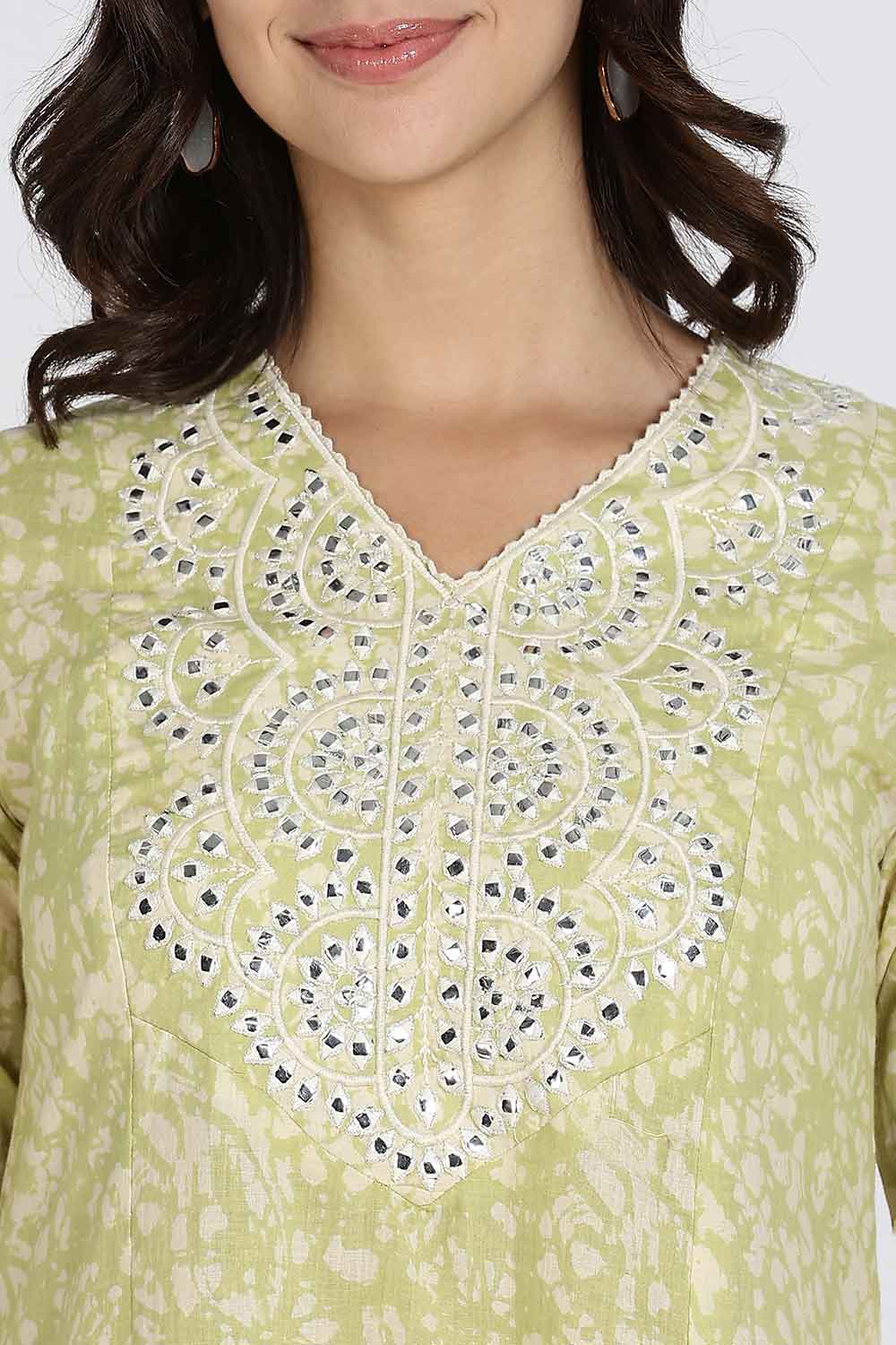 Mythri Women’s Cotton Cambric Kurthi | Flared Ethnic Wear with Embroidery, Mirror Work & Lace Detailing - Sage Green - K809