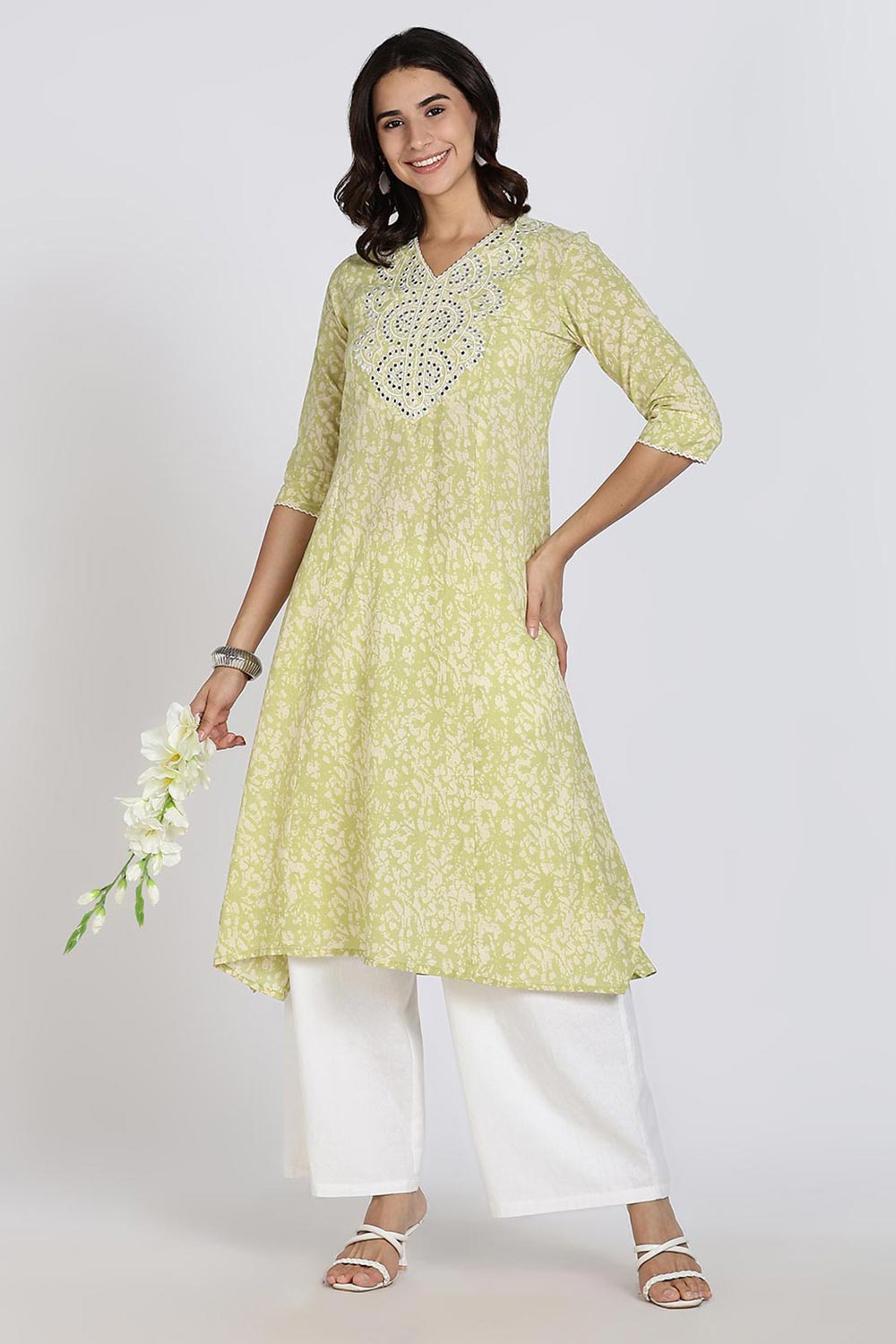 Mythri Women’s Cotton Cambric Kurthi | Flared Ethnic Wear with Embroidery, Mirror Work & Lace Detailing - Sage Green - K809