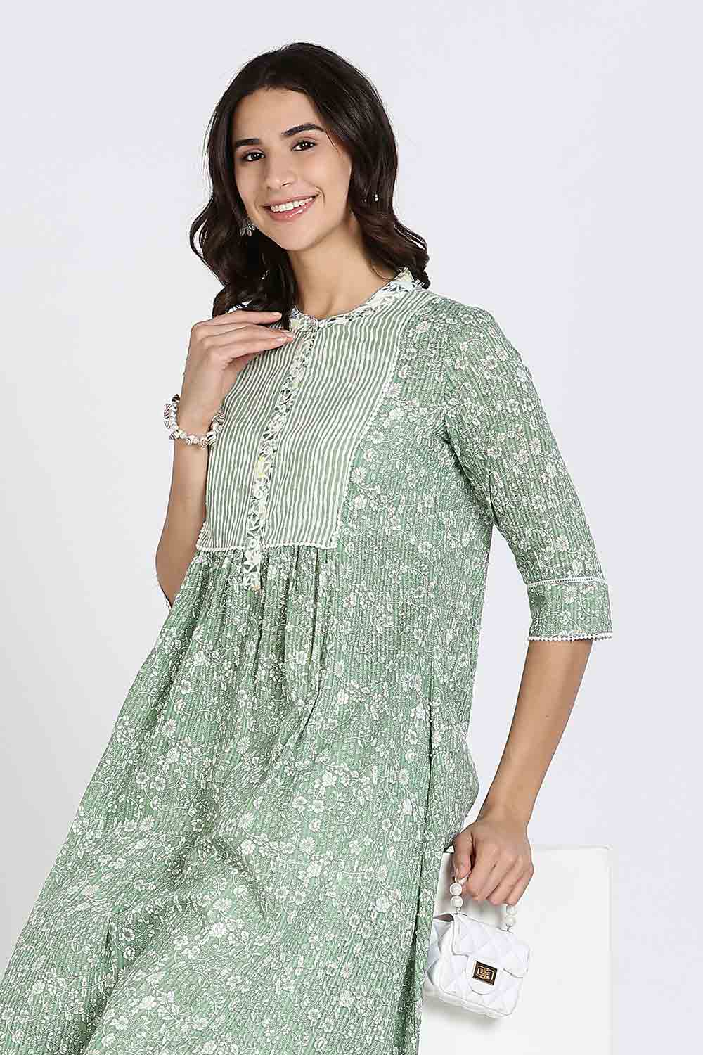 Mythri Women’s Cotton Cambric Kurthi | Flared Ethnic Wear with Pintucks, Mandarin Collar & Tassel Detail - Green - K810