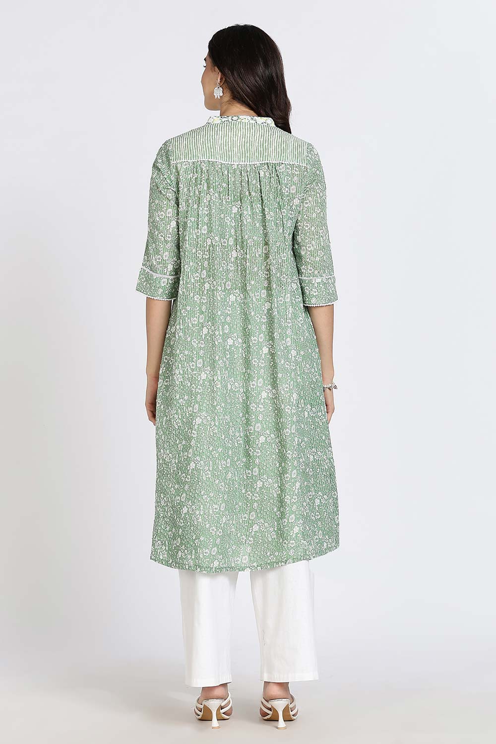 Mythri Women’s Cotton Cambric Kurthi | Flared Ethnic Wear with Pintucks, Mandarin Collar & Tassel Detail - Green - K810