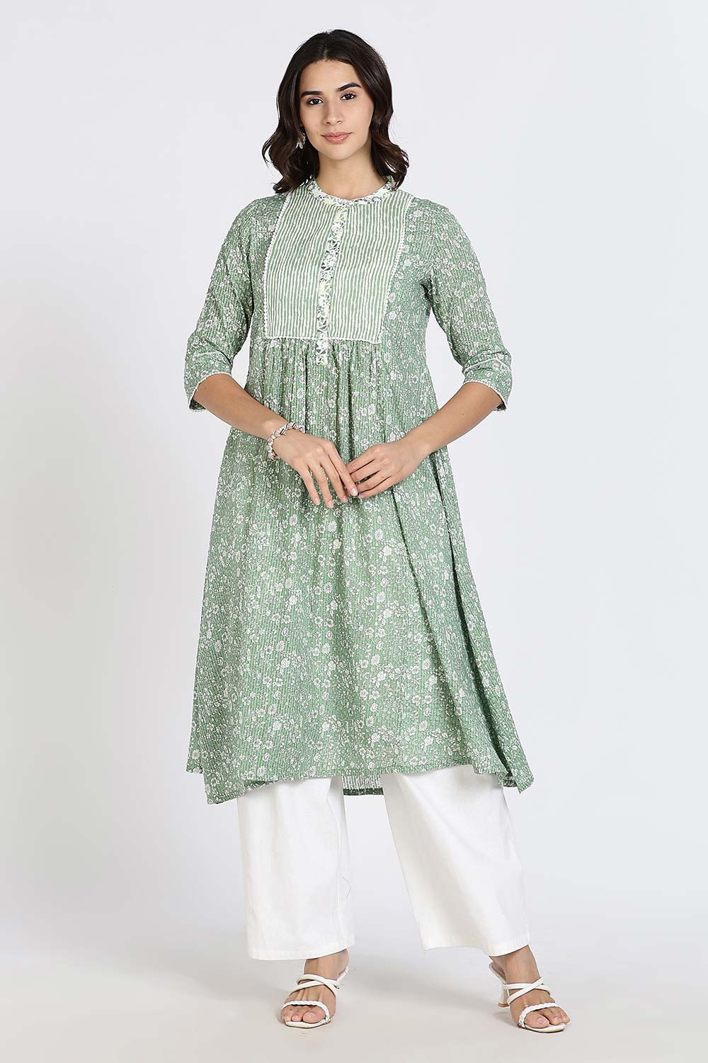 Mythri Women’s Cotton Cambric Kurthi | Flared Ethnic Wear with Pintucks, Mandarin Collar & Tassel Detail - Green - K810