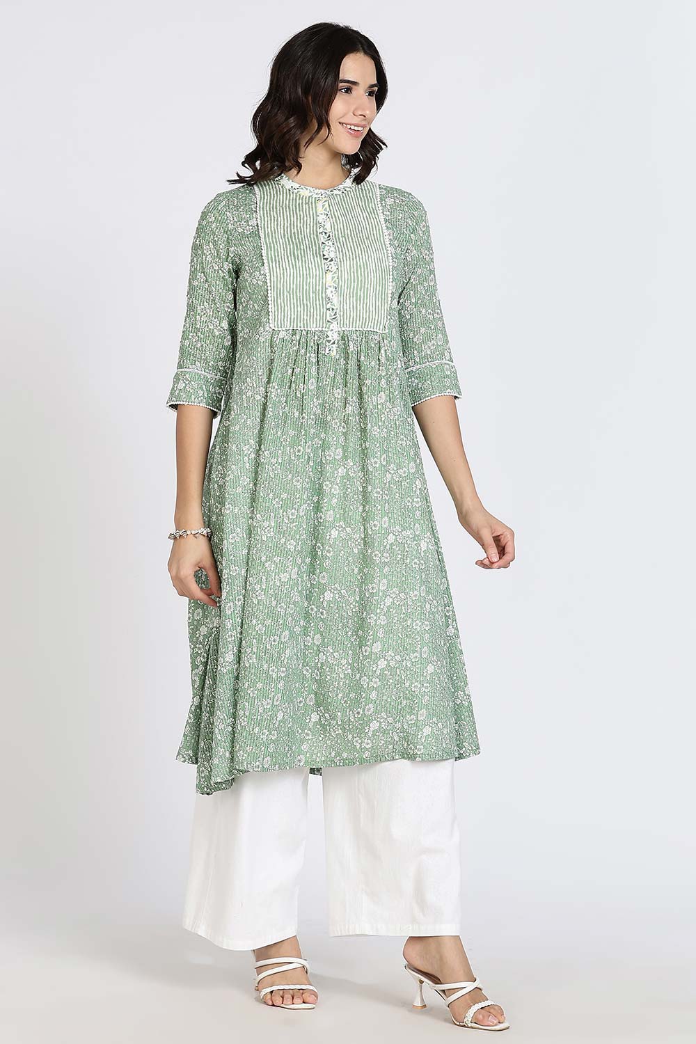 Mythri Women’s Cotton Cambric Kurthi | Flared Ethnic Wear with Pintucks, Mandarin Collar & Tassel Detail - Green - K810