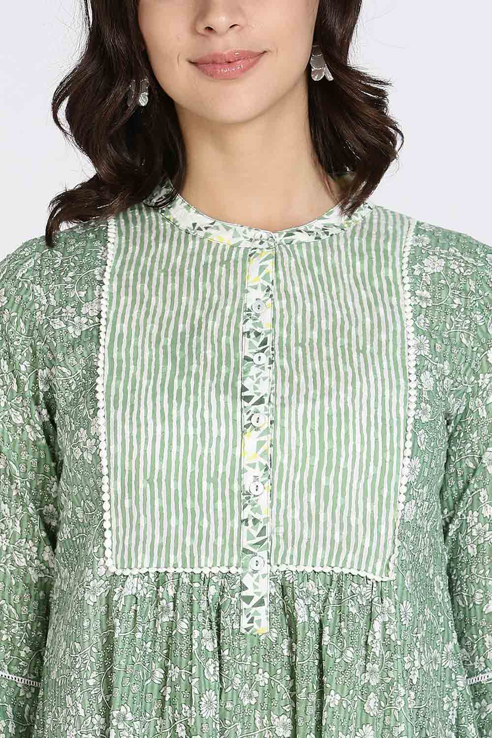 Mythri Women’s Cotton Cambric Kurthi | Flared Ethnic Wear with Pintucks, Mandarin Collar & Tassel Detail - Green - K810
