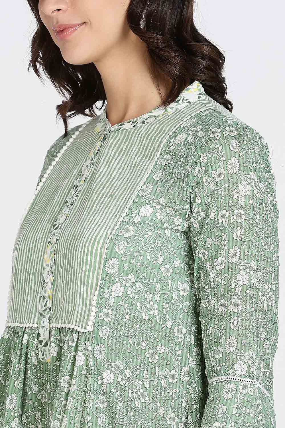 Mythri Women’s Cotton Cambric Kurthi | Flared Ethnic Wear with Pintucks, Mandarin Collar & Tassel Detail - Green - K810
