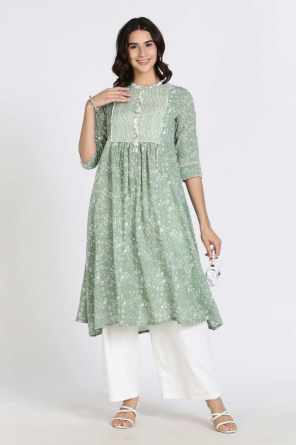Mythri Women’s Cotton Cambric Kurthi | Flared Ethnic Wear with Pintucks, Mandarin Collar & Tassel Detail - Green - K810