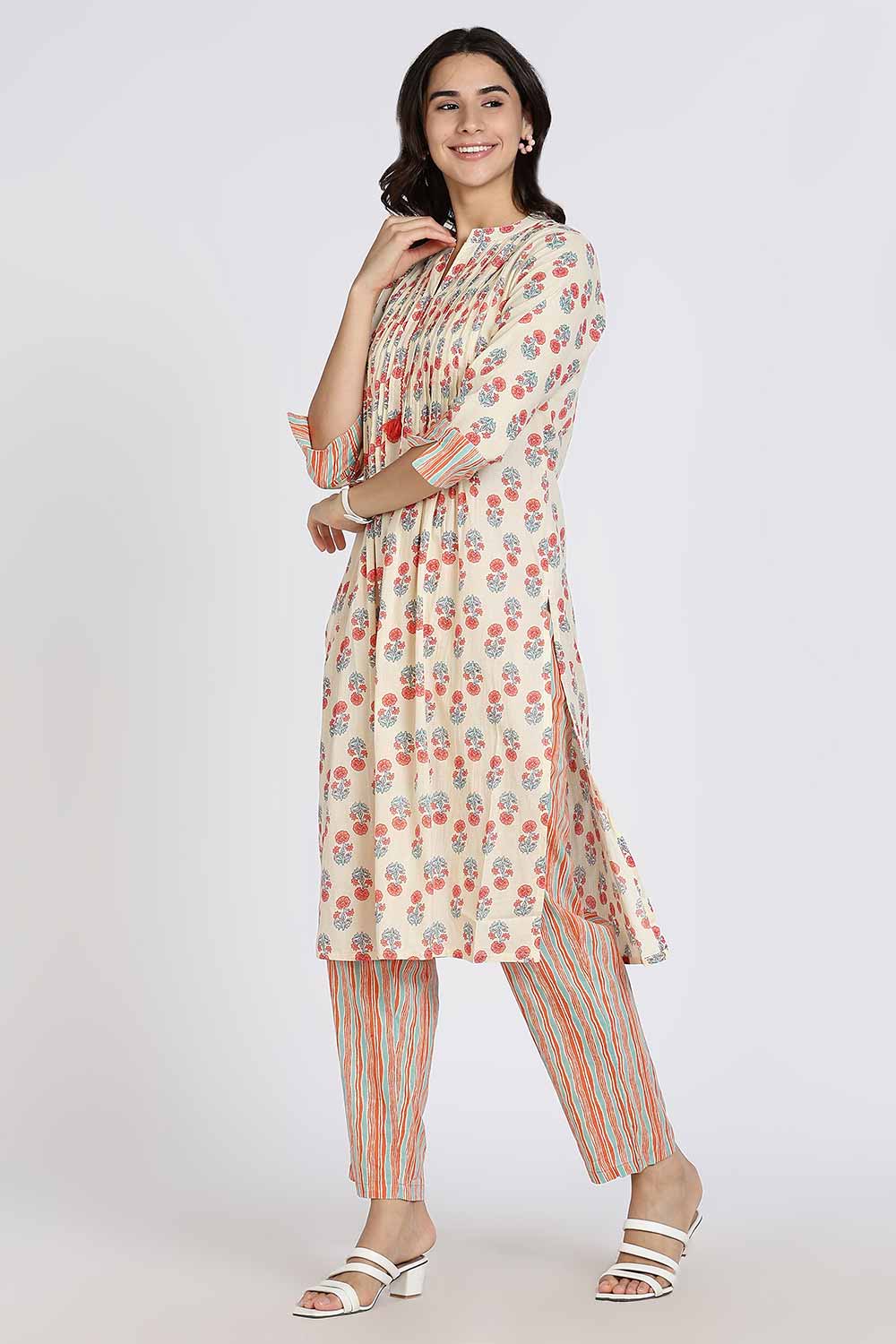 Mythri Women’s Cotton Cambric Kurthi | Flared Ethnic Wear with Pintucks, Mandarin Collar & Tassel Detail - Orange - K810
