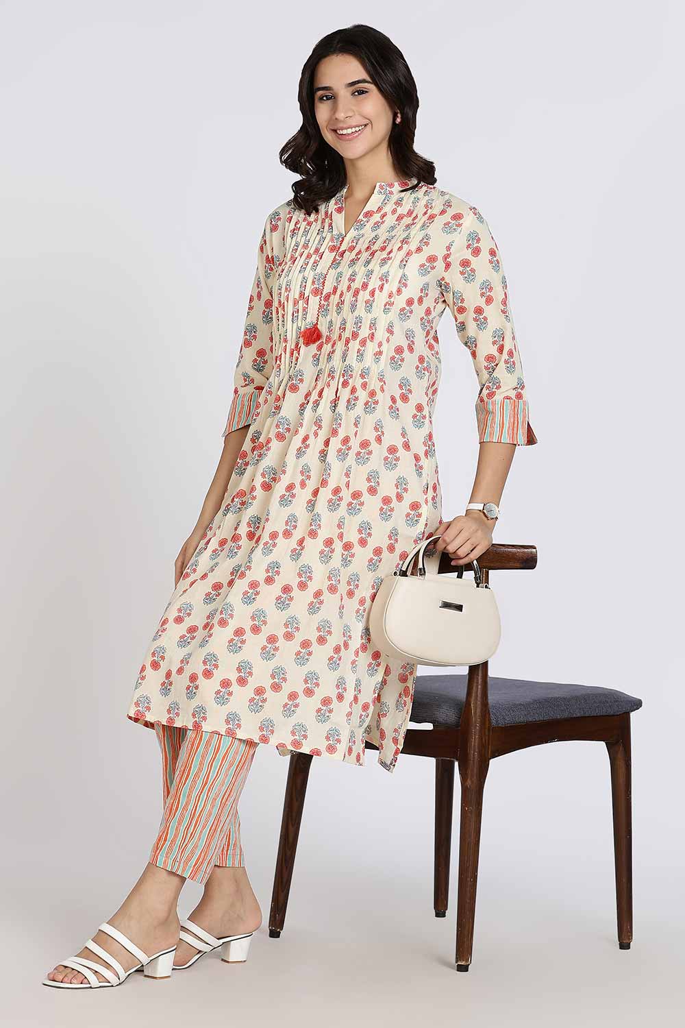 Mythri Women’s Cotton Cambric Kurthi | Flared Ethnic Wear with Pintucks, Mandarin Collar & Tassel Detail - Orange - K810