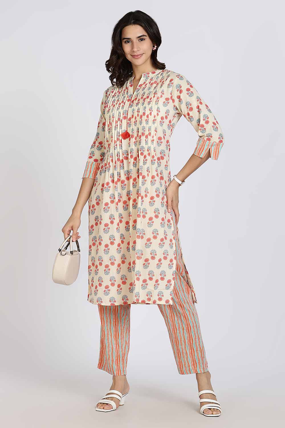 Mythri Women’s Cotton Cambric Kurthi | Flared Ethnic Wear with Pintucks, Mandarin Collar & Tassel Detail - Orange - K810
