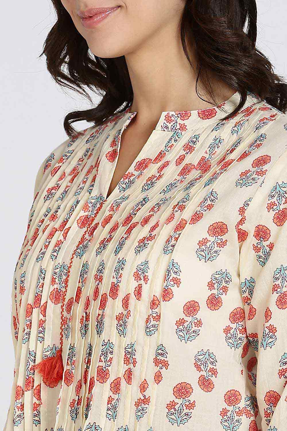Mythri Women’s Cotton Cambric Kurthi | Flared Ethnic Wear with Pintucks, Mandarin Collar & Tassel Detail - Orange - K810