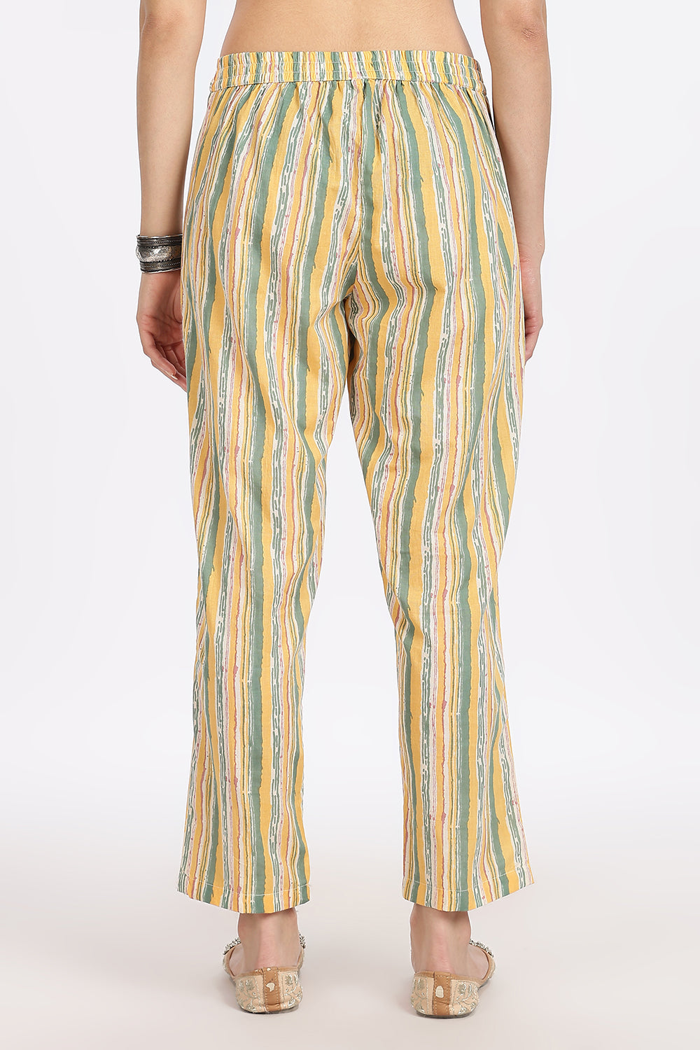 Mythri Women’s Green Printed Cotton Kurta Set with Ethnic Motif Embroidery & Striped Pants | Daily Wear Cotton Chambric Kurti Set - P805