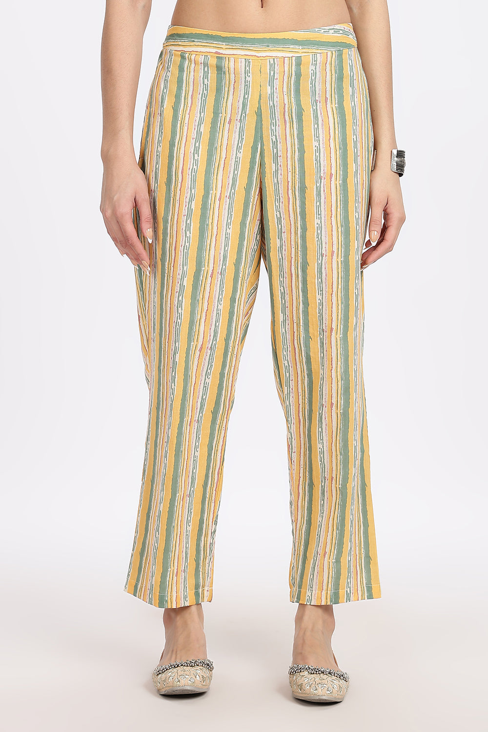 Mythri Women’s Green Printed Cotton Kurta Set with Ethnic Motif Embroidery & Striped Pants | Daily Wear Cotton Chambric Kurti Set - P805