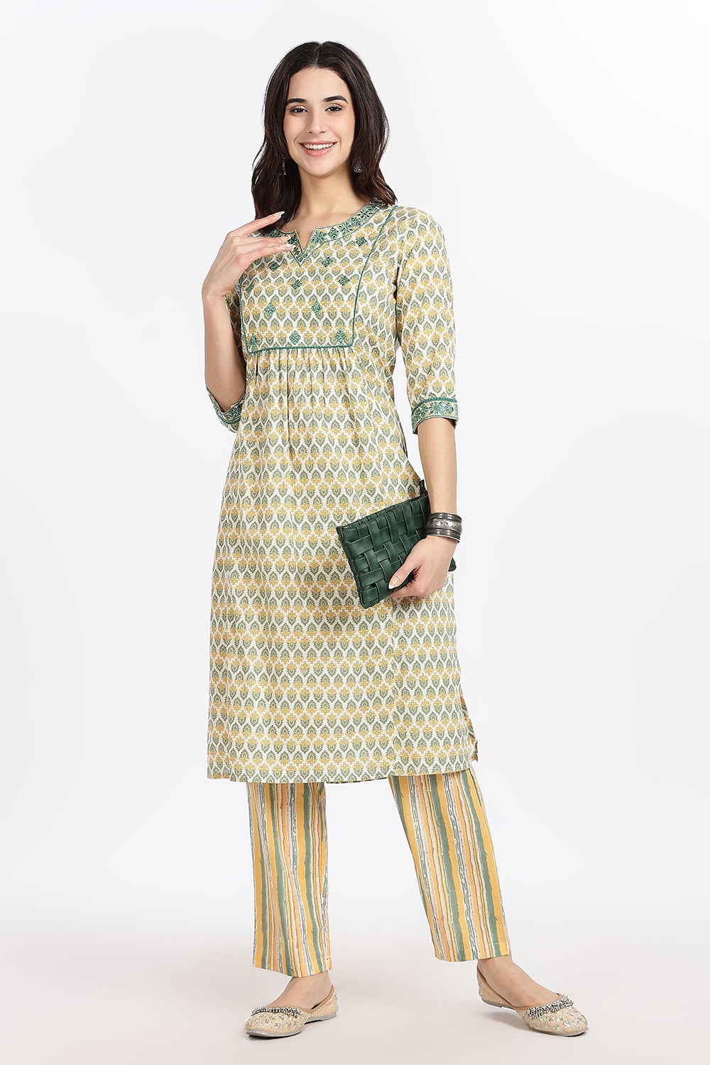 Mythri Women’s Green Printed Cotton Kurta Set with Ethnic Motif Embroidery & Striped Pants | Daily Wear Cotton Chambric Kurti Set - P805