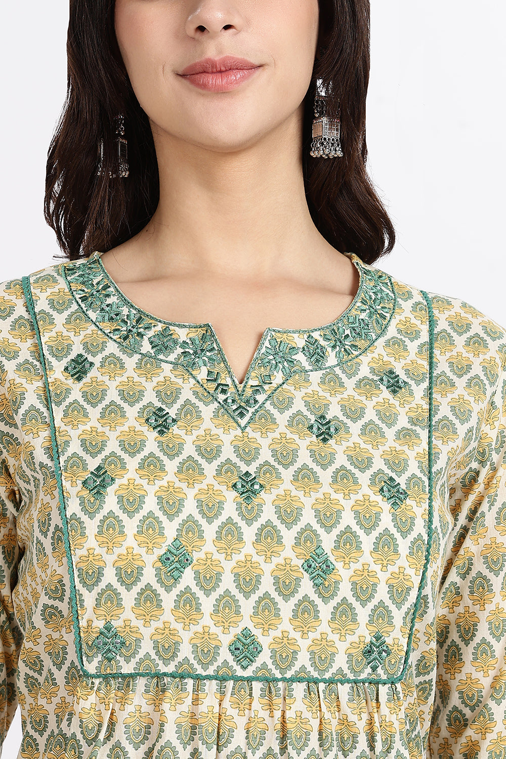 Mythri Women’s Green Printed Cotton Kurta Set with Ethnic Motif Embroidery & Striped Pants | Daily Wear Cotton Chambric Kurti Set - P805