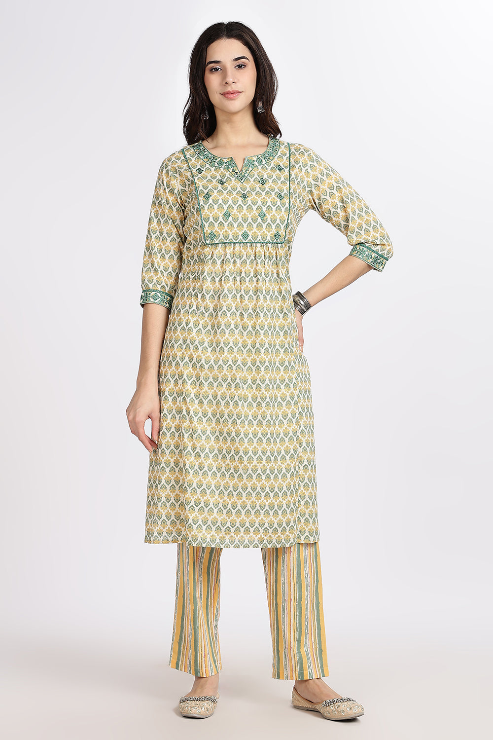 Mythri Women’s Green Printed Cotton Kurta Set with Ethnic Motif Embroidery & Striped Pants | Daily Wear Cotton Chambric Kurti Set - P805