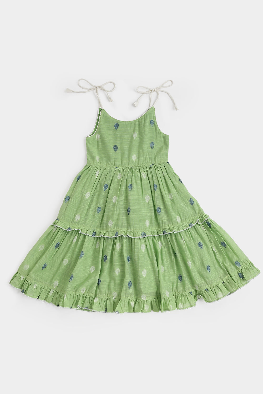 Chittythalli Girls Handloom Cotton Blend Frock – Layered Ruffle Ethnic Dress with Shoulder Tie Tassels | Knee Length Toddler Dress - FR24
