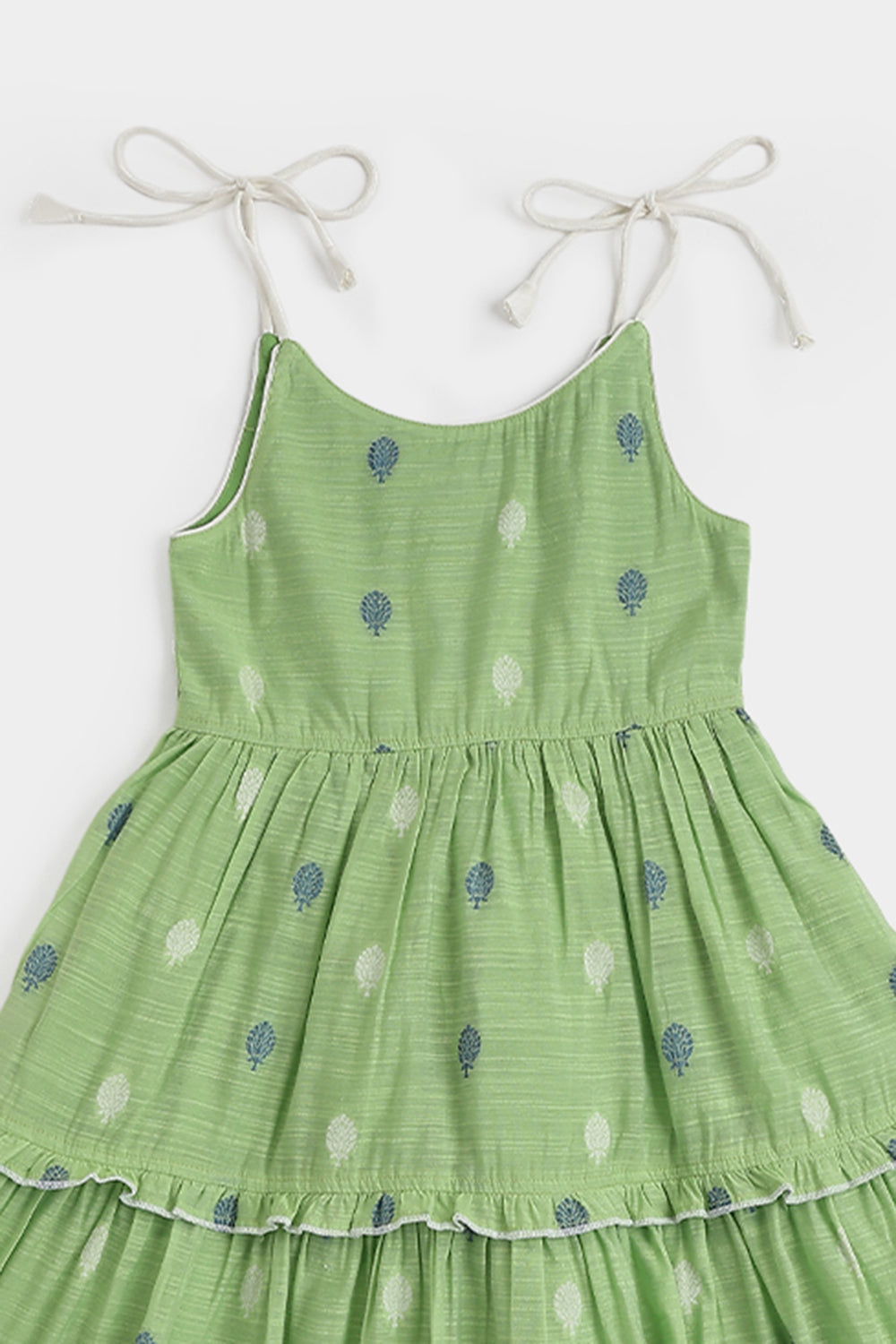 Chittythalli Girls Handloom Cotton Blend Frock – Layered Ruffle Ethnic Dress with Shoulder Tie Tassels | Knee Length Toddler Dress - FR24