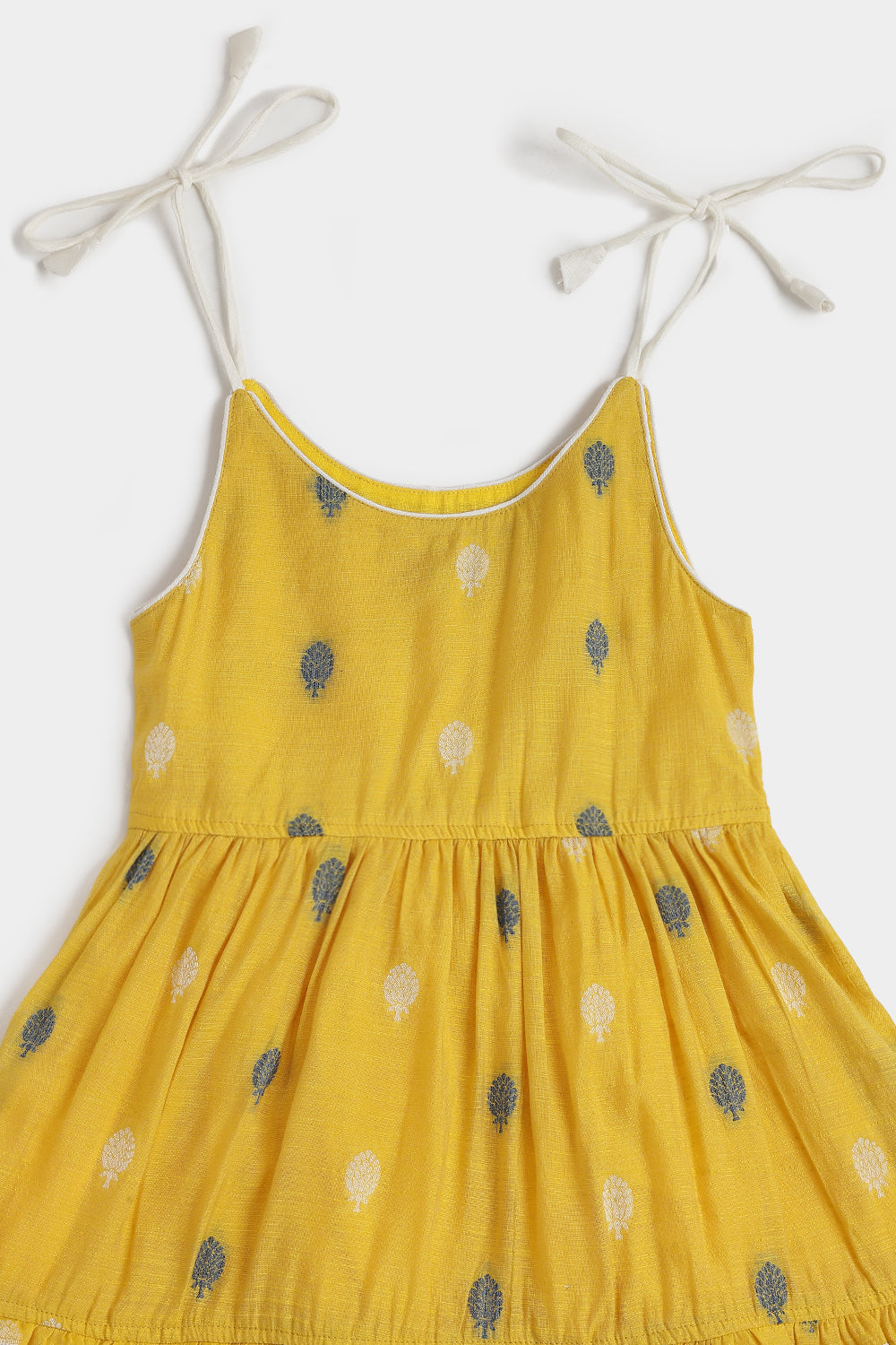 Chittythalli Girls Handloom Cotton Blend Frock – Layered Ruffle Ethnic Dress with Shoulder Tie Tassels | Knee Length Toddler Dress - FR24