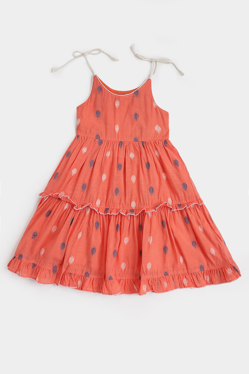 Chittythalli Girls Handloom Cotton Blend Frock – Layered Ruffle Ethnic Dress with Shoulder Tie Tassels | Knee Length Toddler Dress - FR24