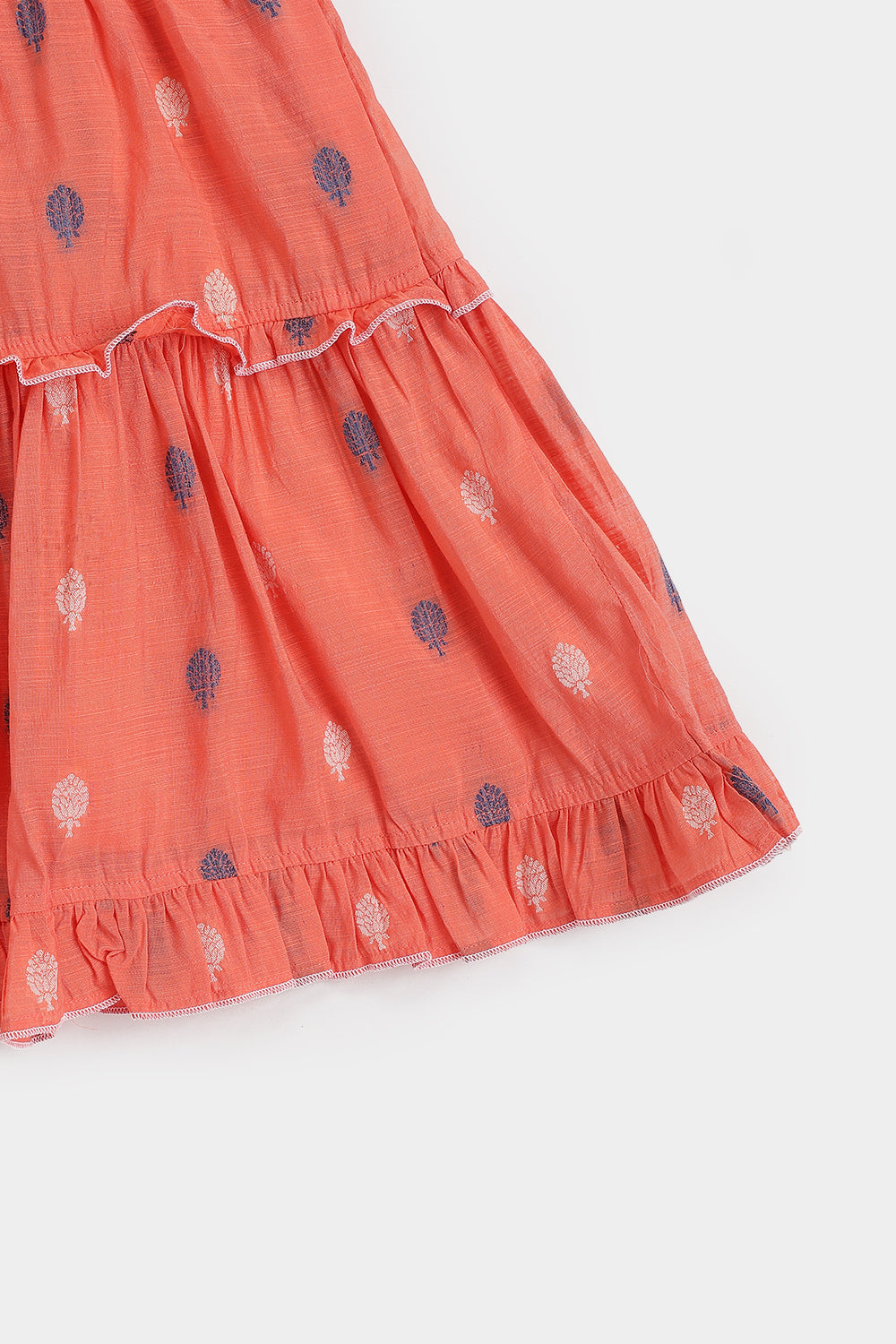 Chittythalli Girls Handloom Cotton Blend Frock – Layered Ruffle Ethnic Dress with Shoulder Tie Tassels | Knee Length Toddler Dress - FR24
