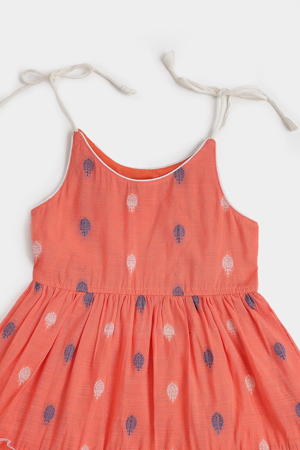 Chittythalli Girls Handloom Cotton Blend Frock – Layered Ruffle Ethnic Dress with Shoulder Tie Tassels | Knee Length Toddler Dress - FR24