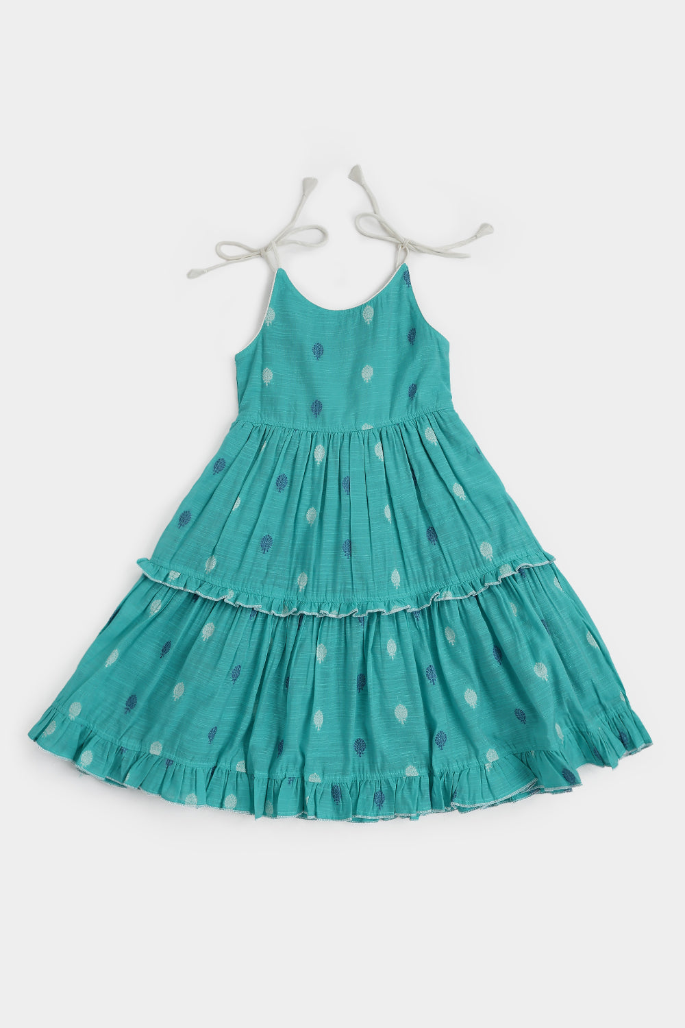 Chittythalli Girls Handloom Cotton Blend Frock – Layered Ruffle Ethnic Dress with Shoulder Tie Tassels | Knee Length Toddler Dress - FR24
