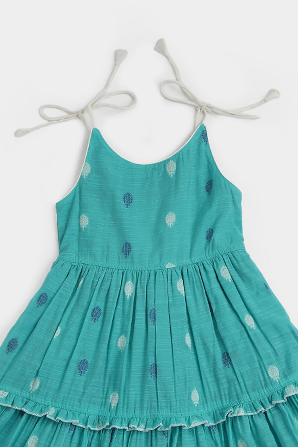 Chittythalli Girls Handloom Cotton Blend Frock – Layered Ruffle Ethnic Dress with Shoulder Tie Tassels | Knee Length Toddler Dress - FR24