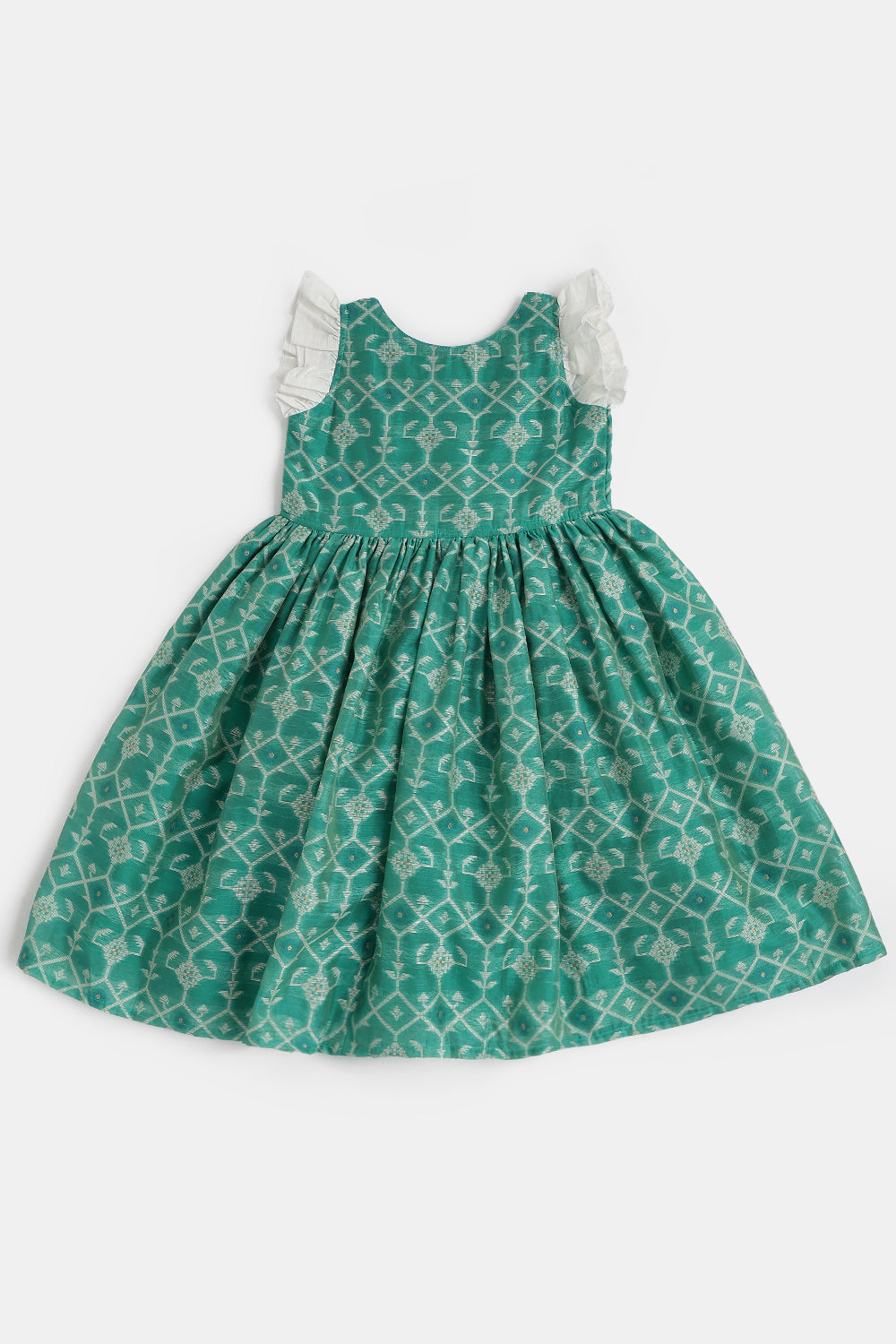 Chittythalli Girls Ethnic Frock – Jamdhani Chanderi Cotton Slub Knee Length Dress with Ruffle Sleeves & Front Open | Traditional Wear for Toddlers - FR29