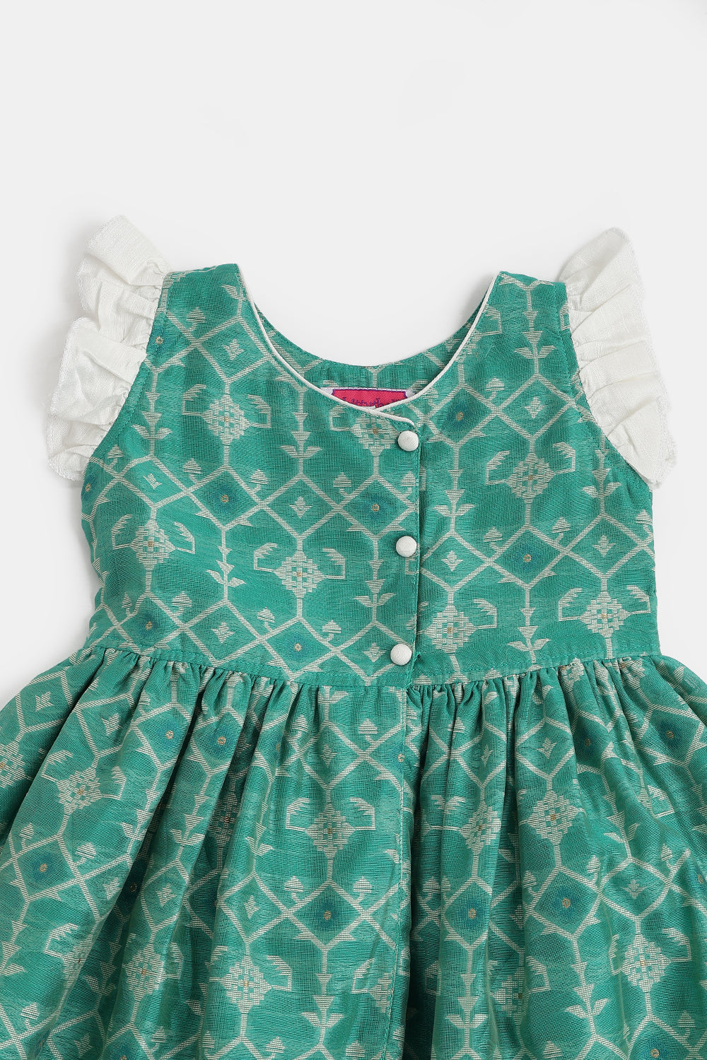 Chittythalli Girls Ethnic Frock – Jamdhani Chanderi Cotton Slub Knee Length Dress with Ruffle Sleeves & Front Open | Traditional Wear for Toddlers - FR29