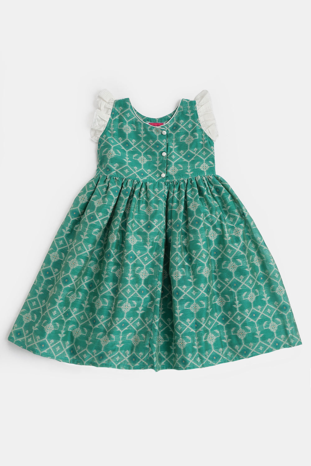Chittythalli Girls Ethnic Frock – Jamdhani Chanderi Cotton Slub Knee Length Dress with Ruffle Sleeves & Front Open | Traditional Wear for Toddlers - FR29