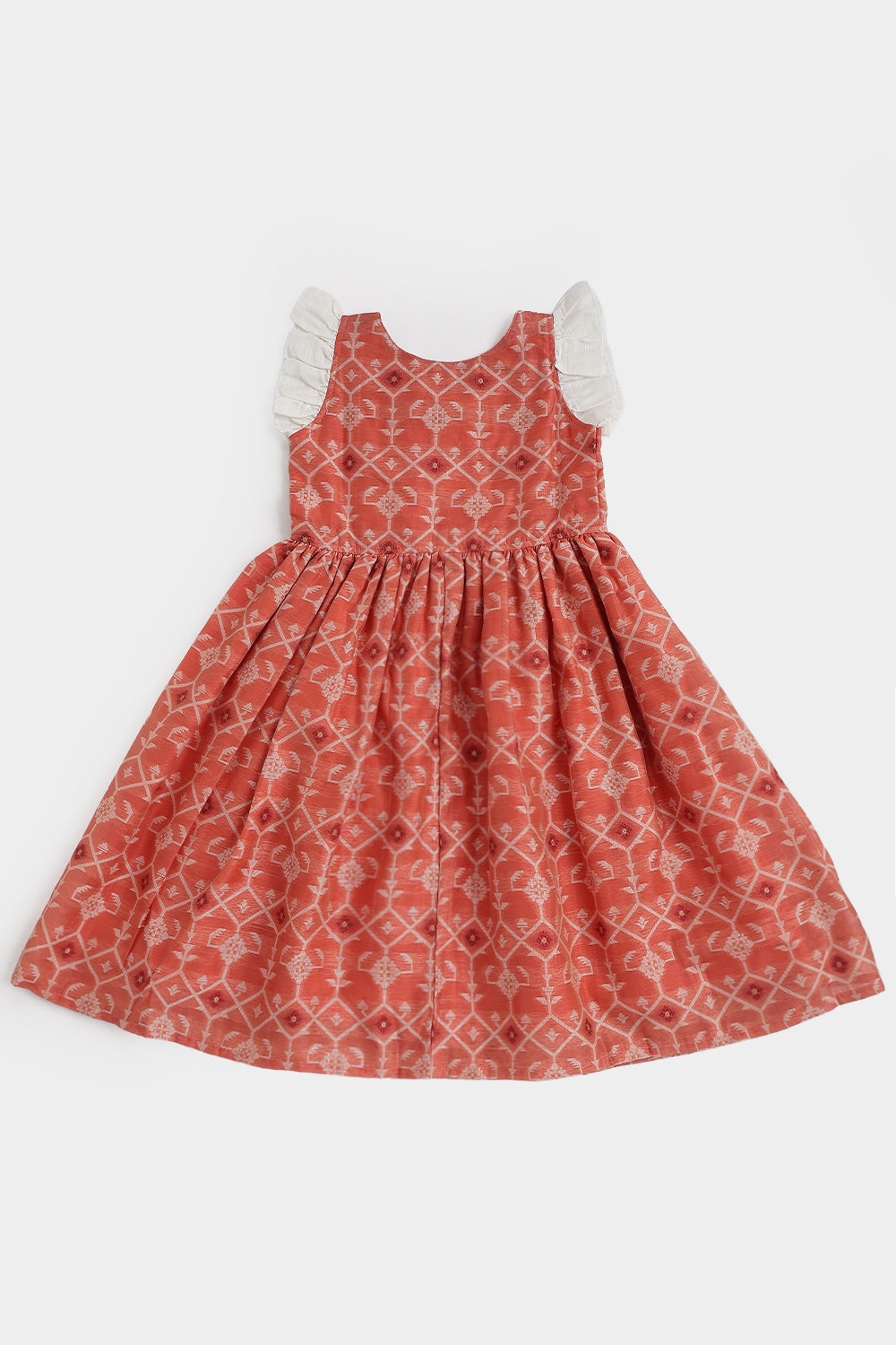 Chittythalli Girls Ethnic Frock – Jamdhani Chanderi Cotton Slub Knee Length Dress with Ruffle Sleeves & Front Open | Traditional Wear for Toddlers - FR29